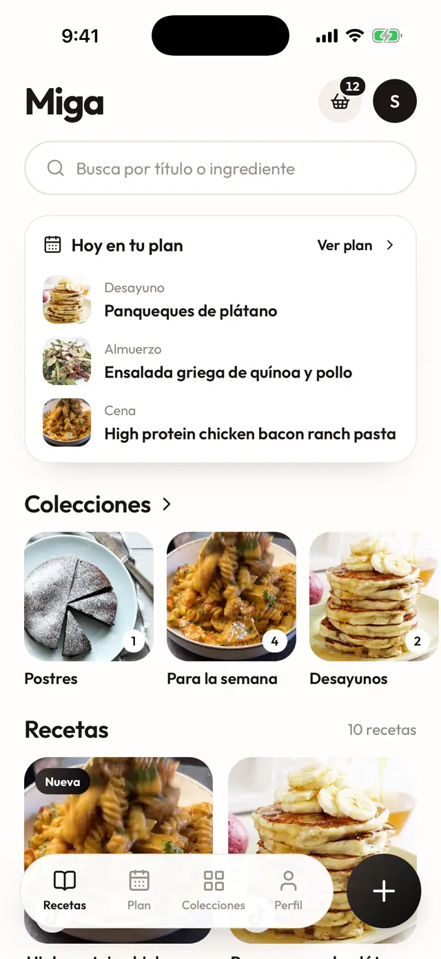 Pantalla Recetas de Miga: buscador, el plan de hoy, colecciones y recetas guardadas.